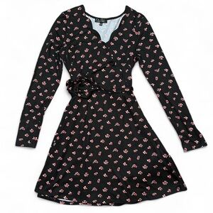 Trixxi Black and Red Floral Long Sleeve Dress with Tie Waist